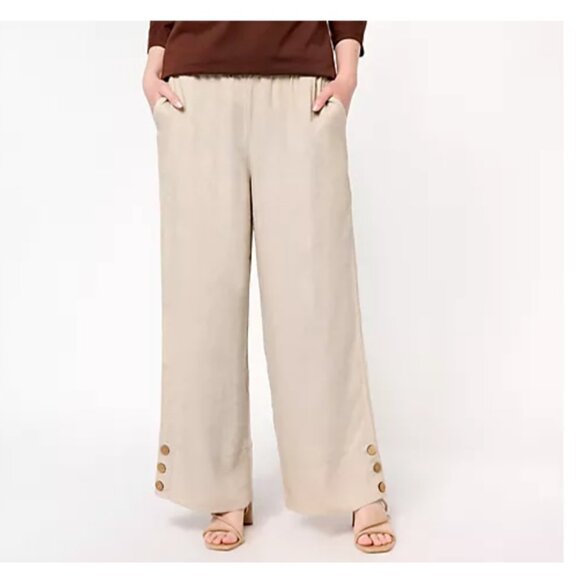 Denim & Co. Naturals Women ~ Pants Linen Blend Side Button Ankle M Khaki A500902 - Picture 1 of 6